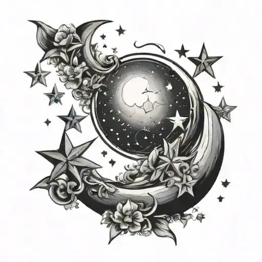 Black Crescent Moon And Stars