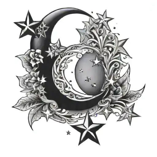 Black Crescent Moon And Stars