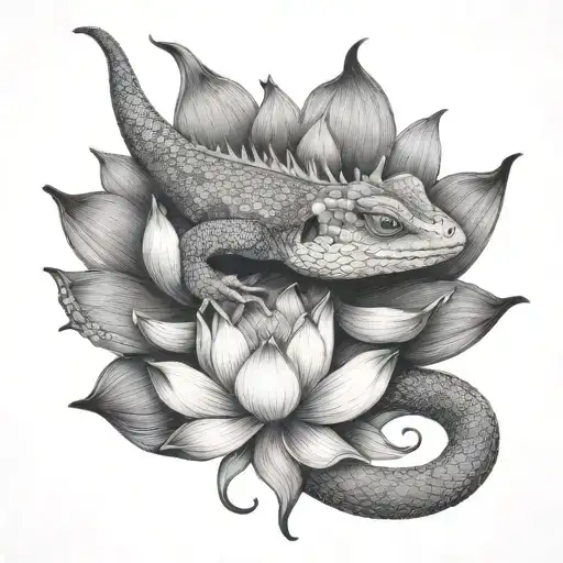 Lizard And Lotus Flower