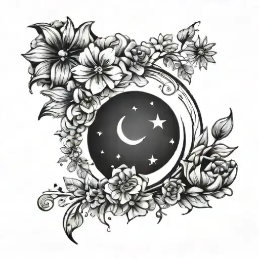 Black Crescent Moon And Stars Floral