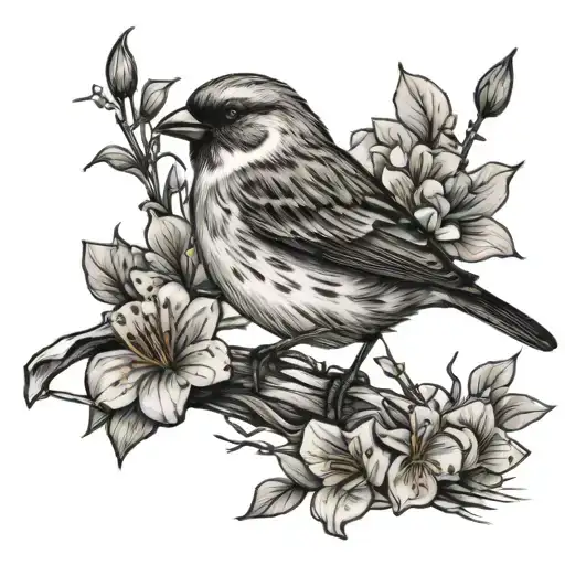Sparrow Perched On Barbed Wire With Jasmine Flower In Beak Sketch