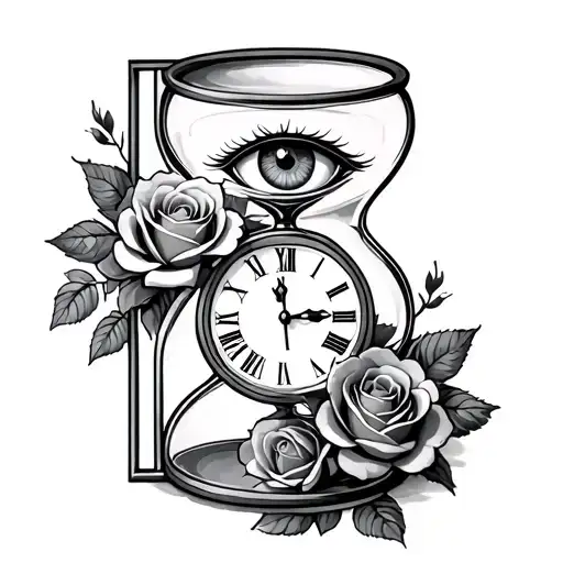 Hour Glass With A Clock And A Eye And Roses