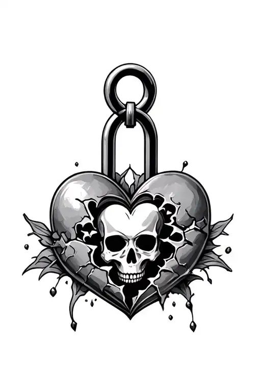Skull Broken Heart Shaped Lock Intertwined With A Heart