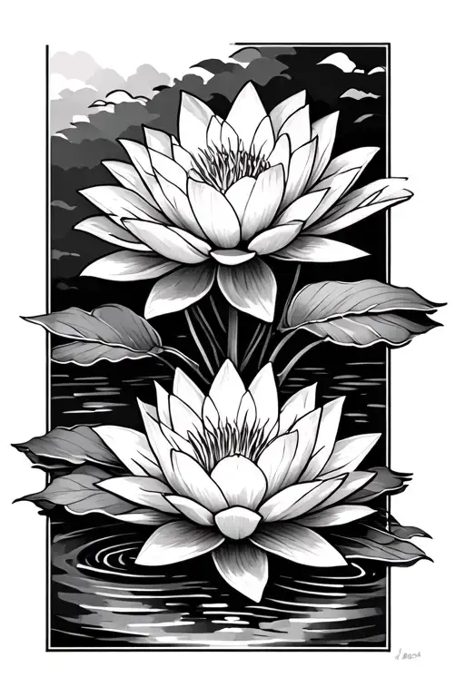 Tebori Tattoo Short Sleeve With Water Lily Flowers In Front