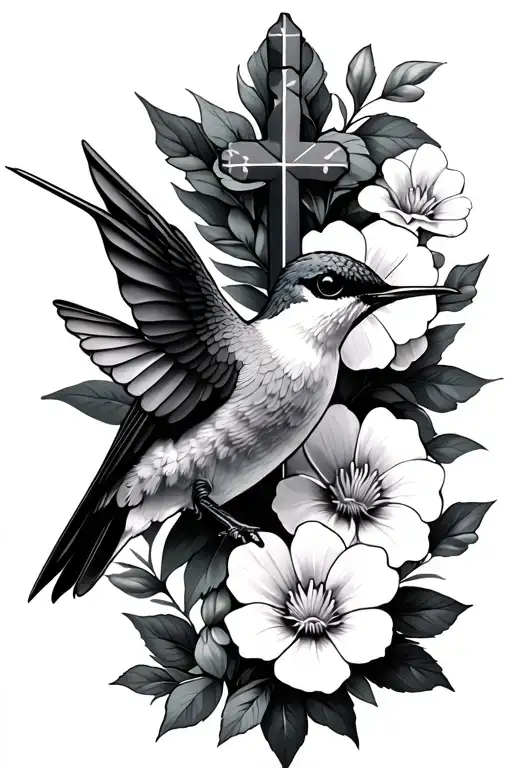 Humming Bird With A Cross And Some Flowers