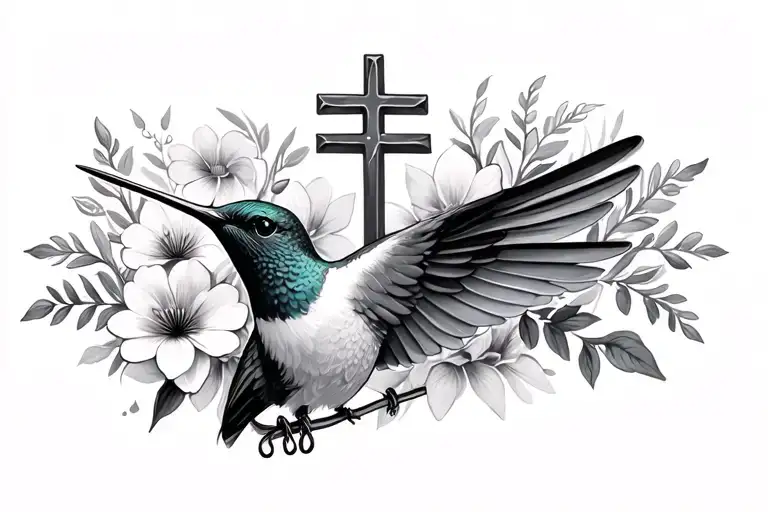 Humming Bird With A Cross And Some Flowers That's A Little Spread Out