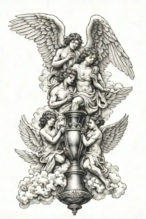 4 Angels Lifting A Trophy From The Clouds Surrounding