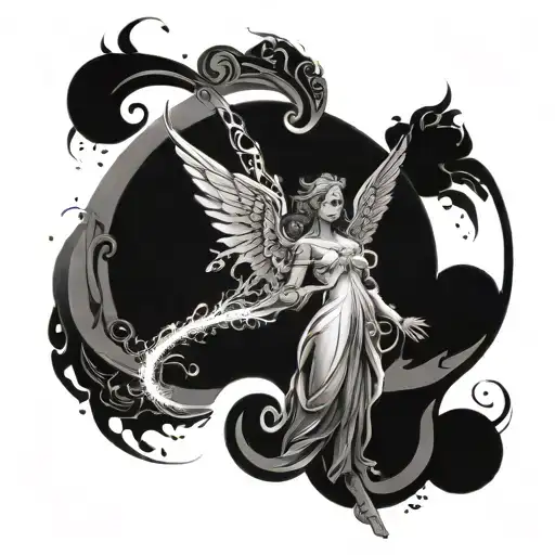 Angel With Light Beams And Architecture Elements With Fire And Water