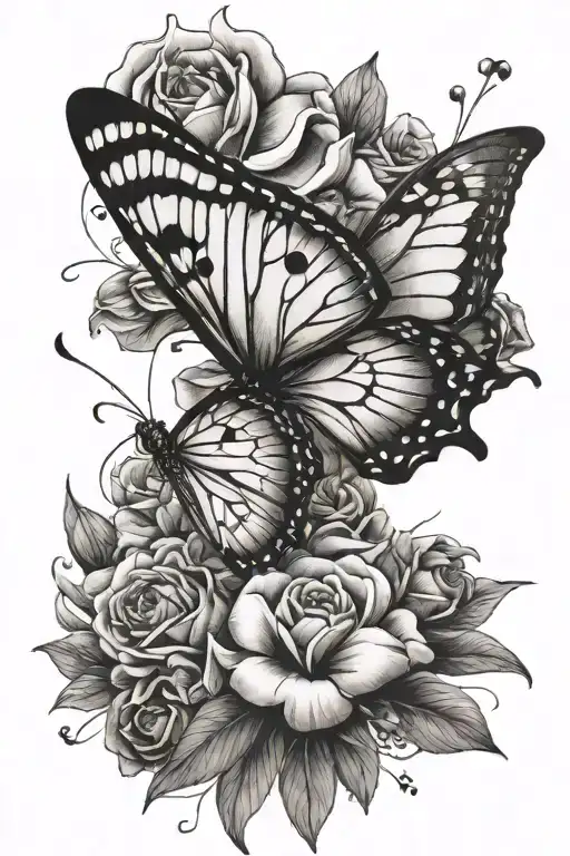 Butterfly And Flowers With Lines