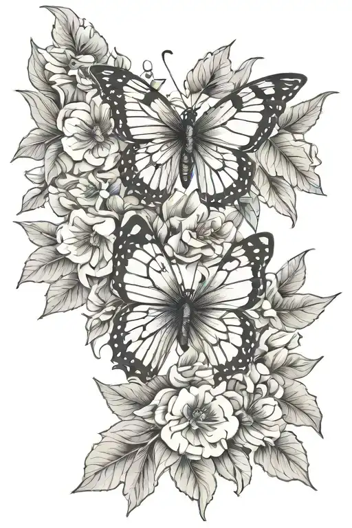 Butterfly And Flowers And Leaves