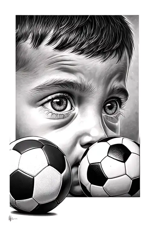 The Child Who Has A Football Ball On His Feet And Looks At The Eye With Football