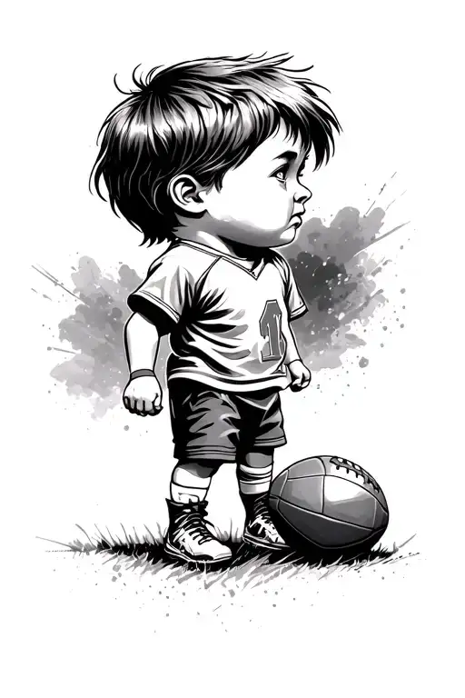 The Child Who Has A Football Ball On His Feet And Looks At The Eye With Football