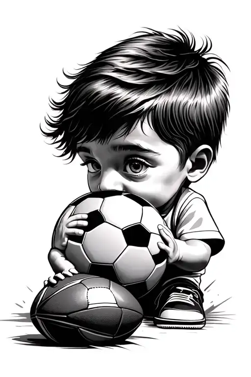 The Child Who Has A Football Ball On His Feet And Looks At The Eye With Football