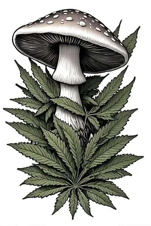 Mushroom And Cannabis Leaf Intertwined
