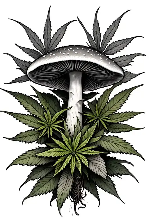 Magic Mushroom And Cannabis Plant Intertwined