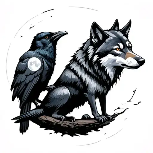 Wolf And Crow With A Moon