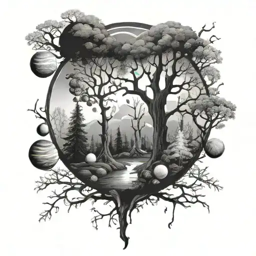 A Mystical Forest Scene With Planets And Animals Hidden Within The Trees