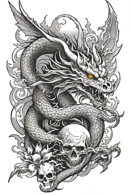 A Japanese Arm Tattoo Black And White Of A Full Body Dragon Rise From The Skull To The Sun