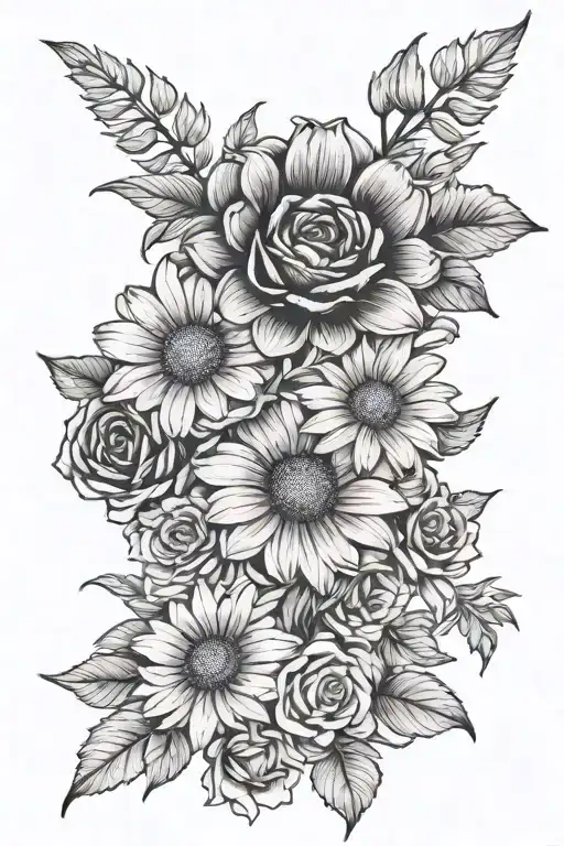 Daisy And Rose Bouquet Fine Line