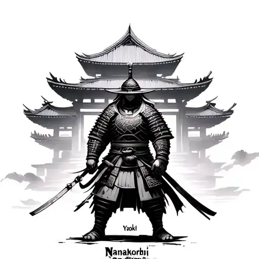 Samurai Standing In Front Of A Temple With The Sentence Nanakorobi Yaoki