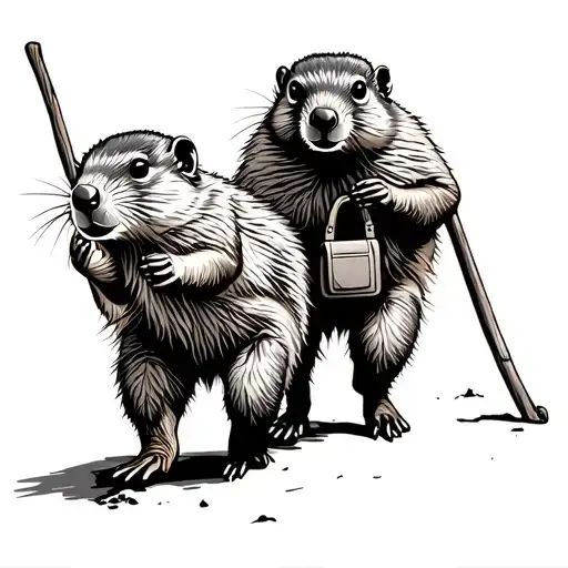 Two Marmots Walking With A Stick And A Pouch On The End Of It