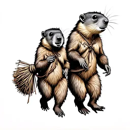 Two Marmots Walking And Carrying A Bindle