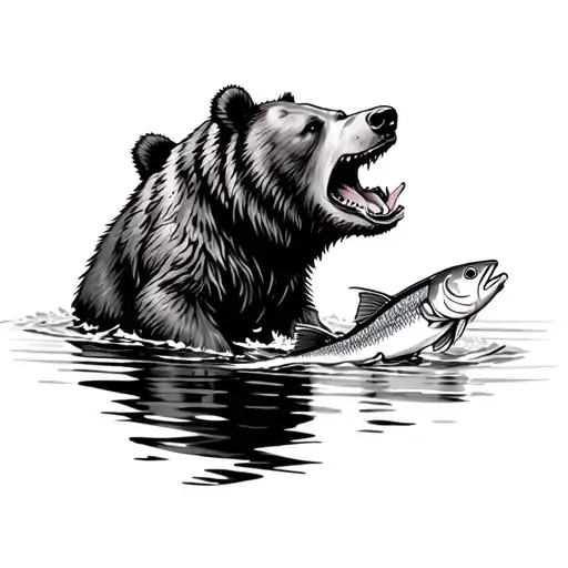 Bear Eating Fish Swimming Upstream