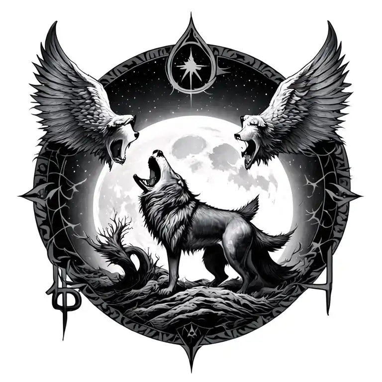 Sigil Of Lucifer With Wolf Howling At The Moon