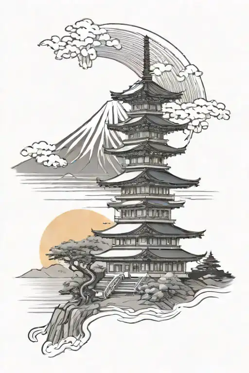 Sunset With Mount Fuji And A Temple In The Foreground