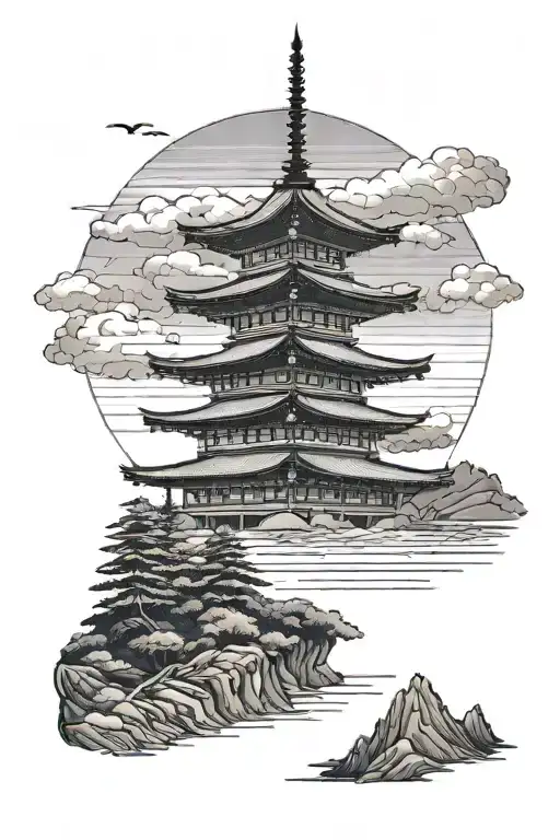 Sunset With Mount Fuji And A Temple In The Foreground