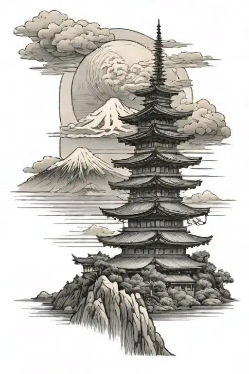 Sunset With Mount Fuji And A Temple In The Foreground