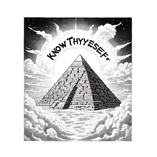 Pyramids With Clouds Surrounding And The Sun With Word In The Sky Know Thyself