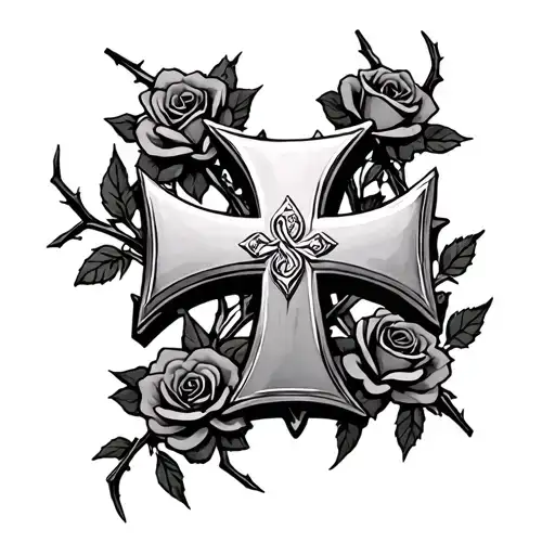 Iron Cross With Roses And Thorns