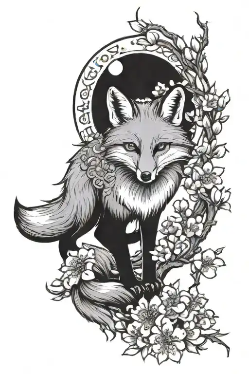 Fox With 9 Tails And Cherry Blossom Tree And Moon Light