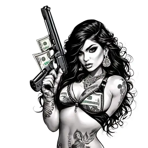 Chicano Gangster Girl With Money And Guns In Sexy Pose