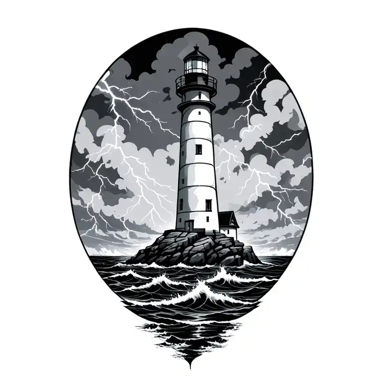 Lighthouse With Stormy Seas And Lightning With Rock Underneath