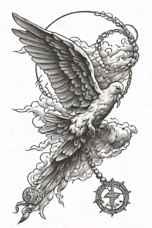 Dove Holding Rosary With Clouds And Lightning With Script In Background