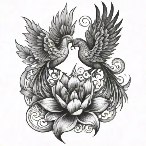 Phoenix And Lotus In Black And White Drawing