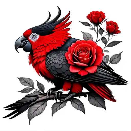 Red And Black Cockatoo With Roses Blooming Flowers