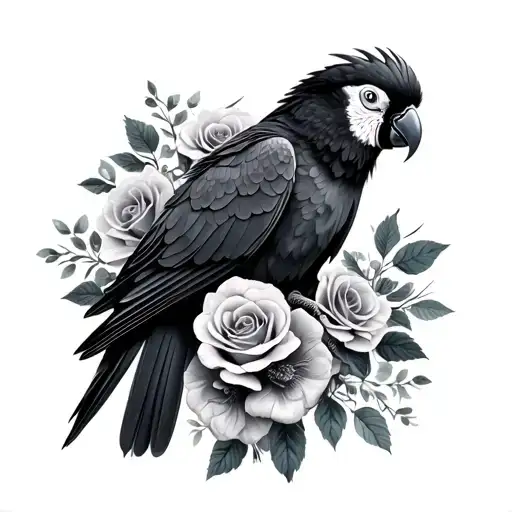 Red Tail Black Cockatoo With Roses Blooming Flowers