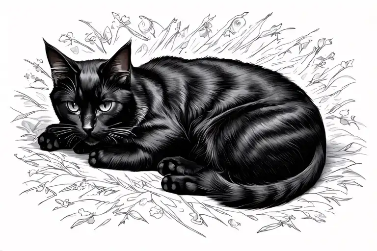 Black Cat Spreads Out On Its Side And Scratches The Skin