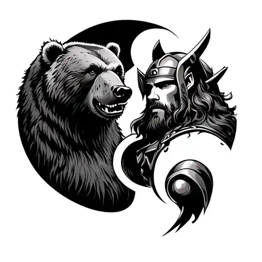 Fierce Grizzly Bear And Thor The Viking In A Ying Yang