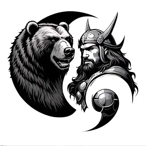 Fierce Grizzly Bear And Thor The Viking In A Ying Yang