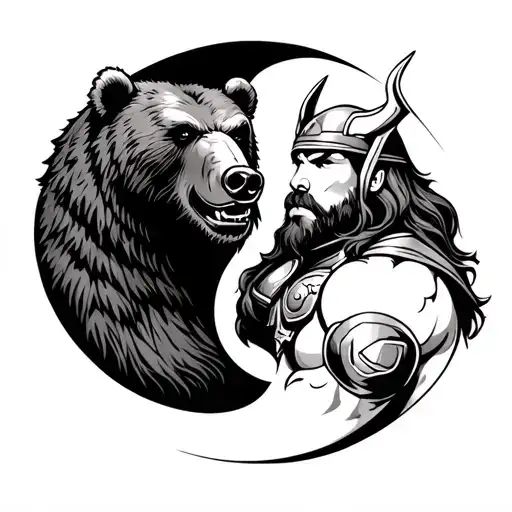 Fierce Grizzly Bear And Thor The Viking In A Ying Yang