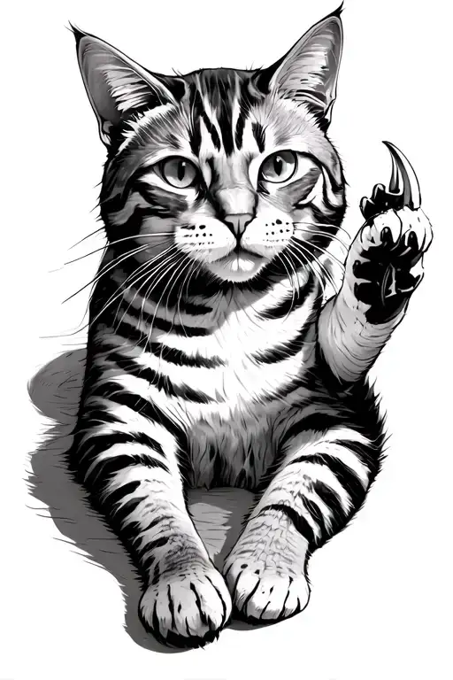 Sketch Of Long Cat Laying On Its Side And Sticking Out Its Paw With Claws