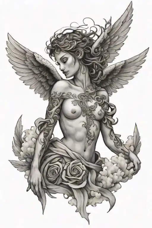 Fallen Angel With Open Wings Clouds Surrounding