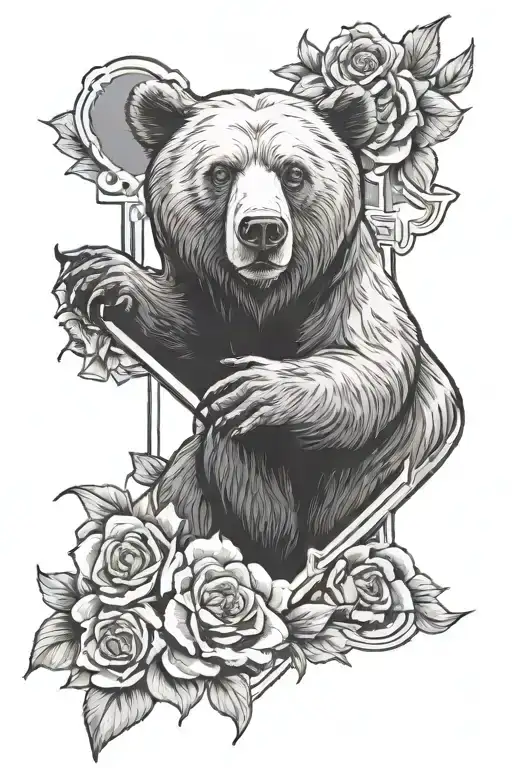 Bear With Christian Cross And Flowers