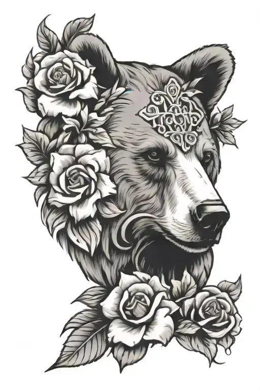 Bear Head With Cross And Flowers