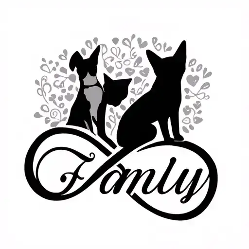 Infinity Symbol With The Inscription Family And The Addition Of The Silhouette Of A Dog And A Cat