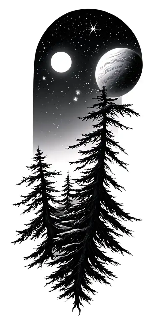 Stars And Planets Looking Up From Ground Trees